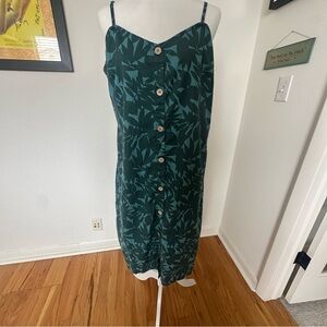 Green Leaf Print Button-Down Dress